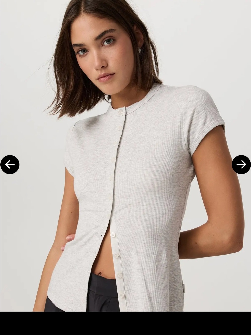 Vuori Pose Short-Sleeve Button up crew neck Top - white heather grey